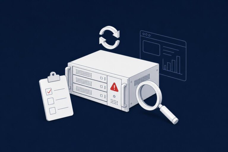 SQL Server rack server with a warning sign, magnifying glass, checklist and update arrows