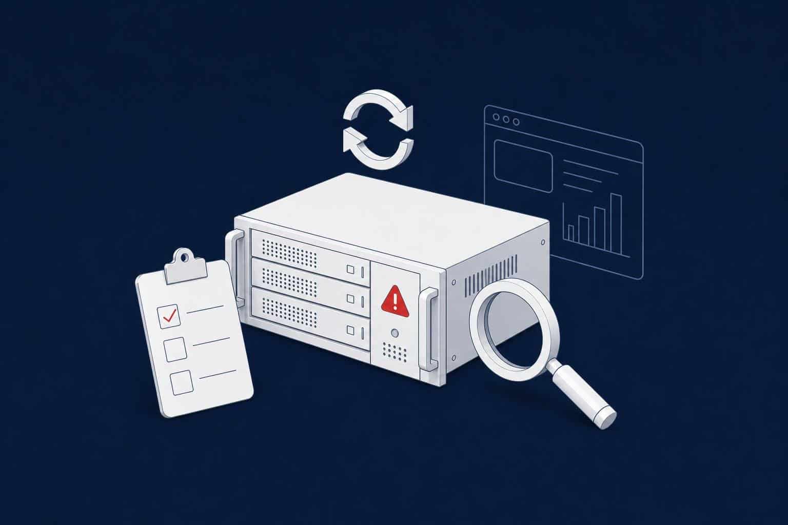 SQL Server rack server with a warning sign, magnifying glass, checklist and update arrows