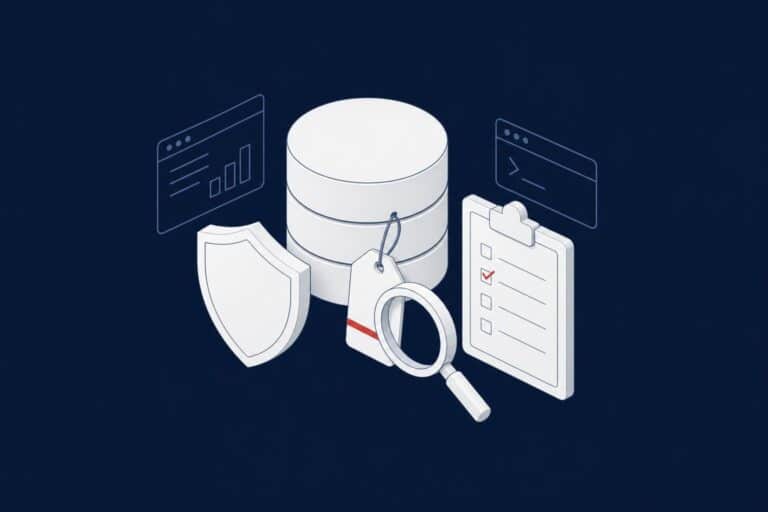 Database with a sensitivity label tag, a shield, a checklist and a magnifying glass representing data governance