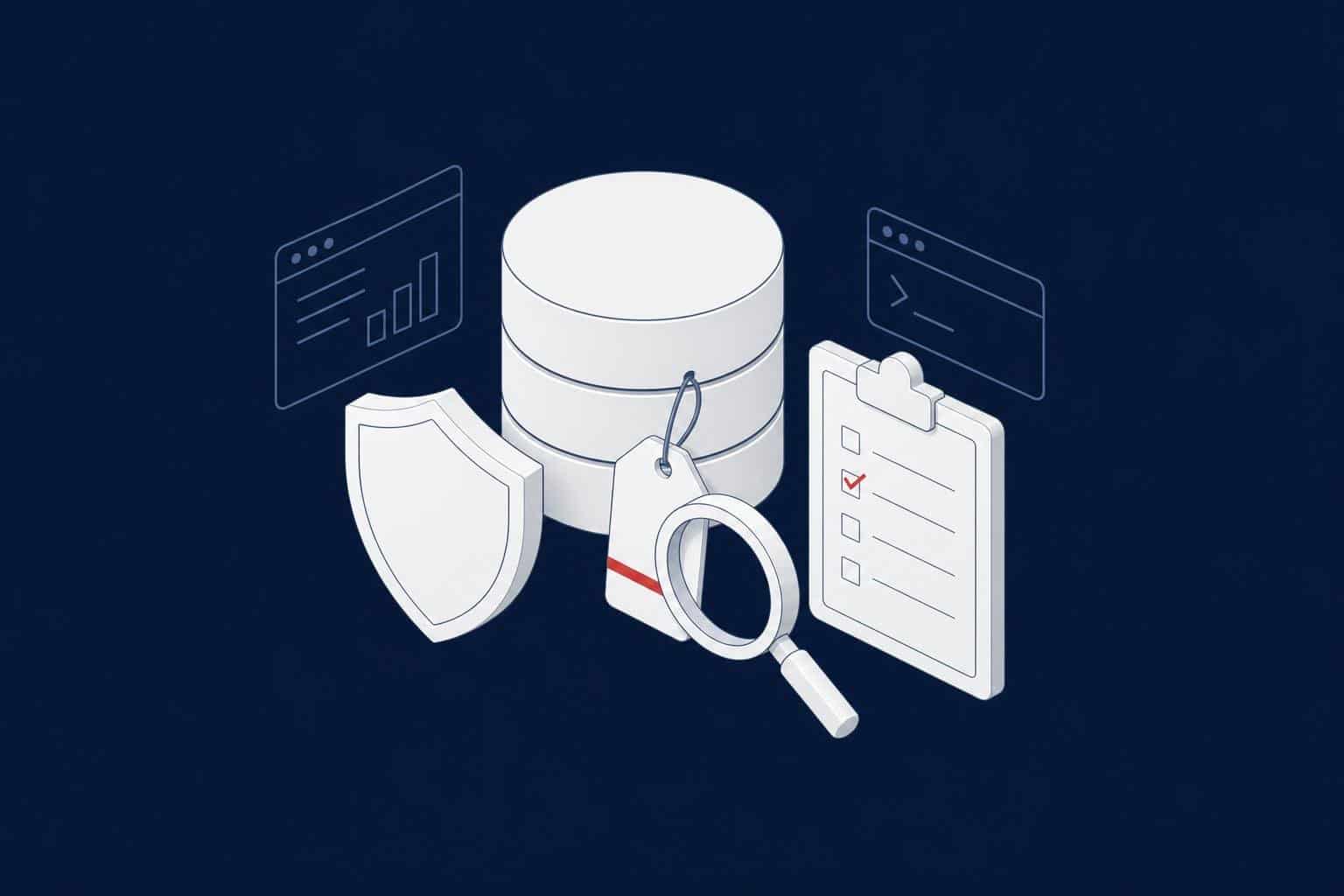 Database with a sensitivity label tag, a shield, a checklist and a magnifying glass representing data governance