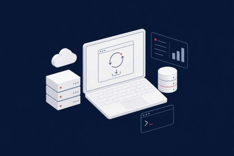 Laptop with an update arrow, representing updating SQL Server Management Studio