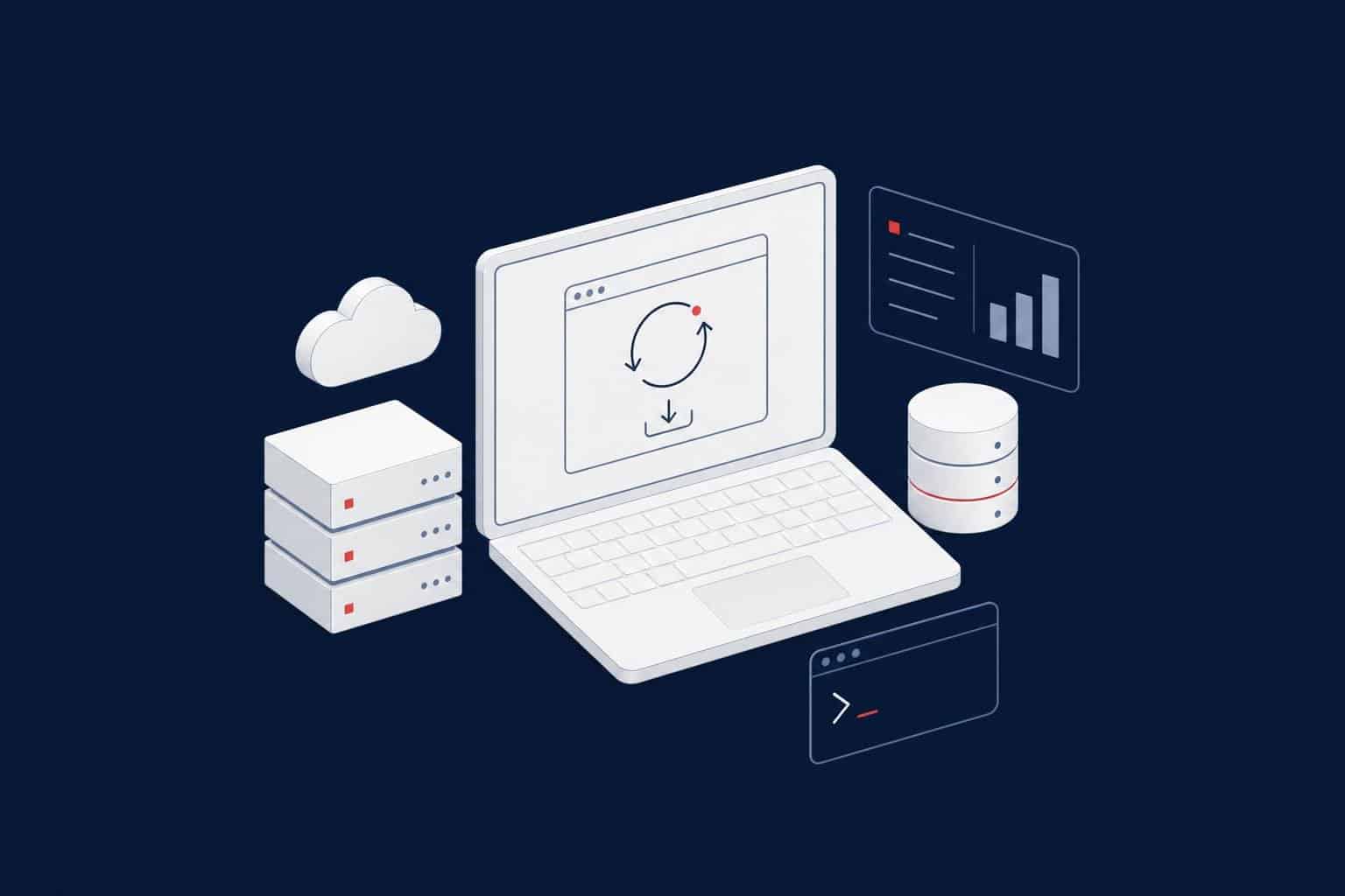 Laptop with an update arrow, representing updating SQL Server Management Studio