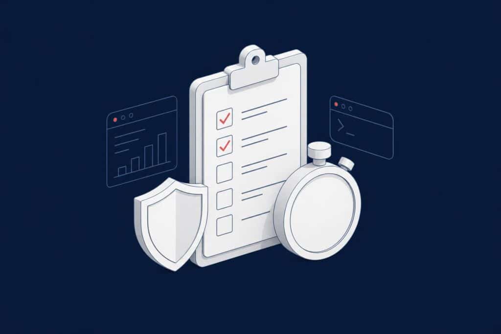 Managed DBA SLA checklist with a clipboard, a stopwatch and a shield