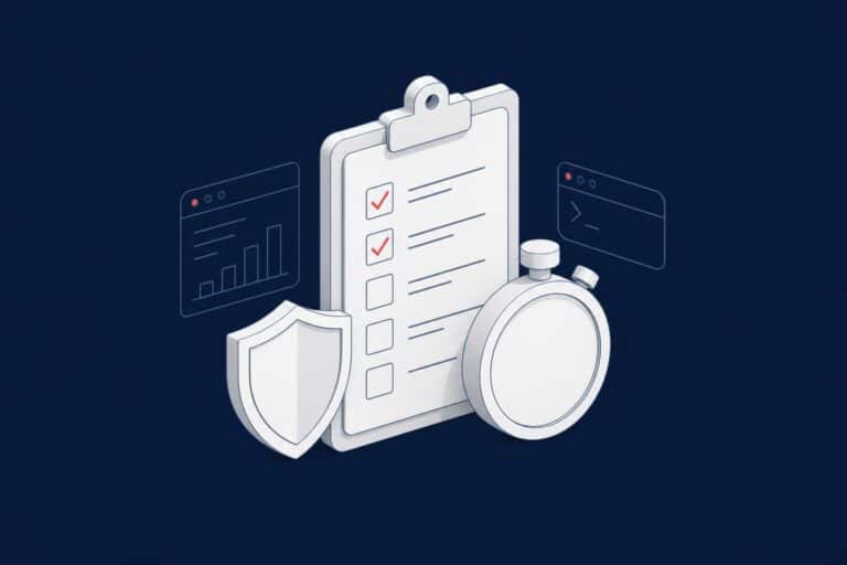 Managed DBA SLA checklist with a clipboard, a stopwatch and a shield