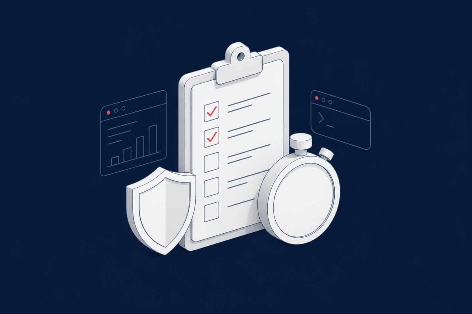 Managed DBA SLA checklist with a clipboard, a stopwatch and a shield