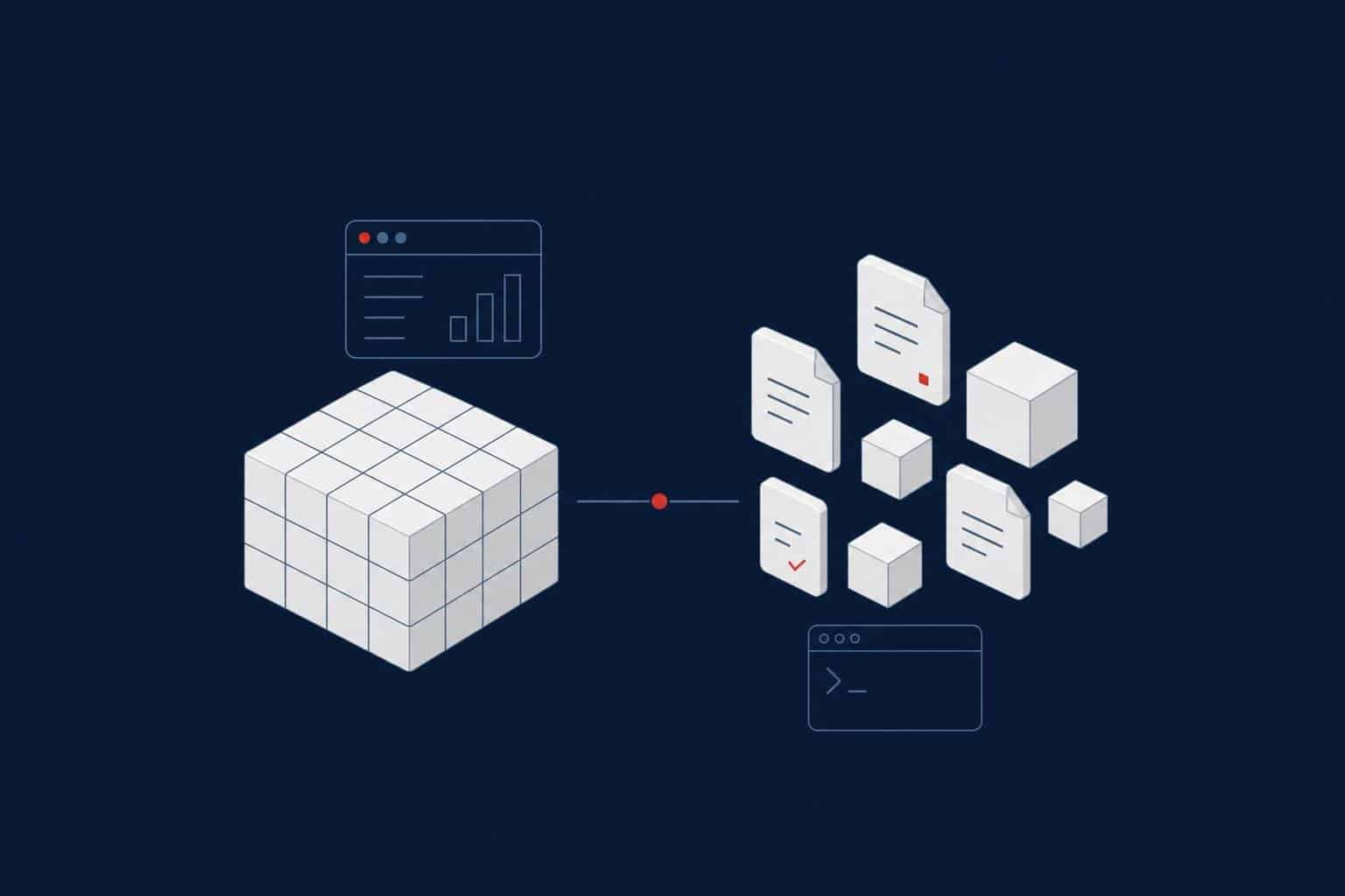 A structured table block next to loose document cards, representing relational databases versus NoSQL