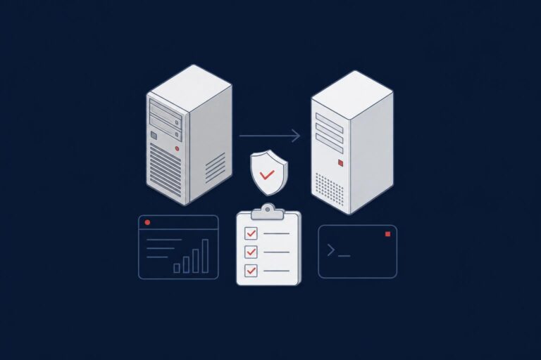 An older server connected by an arrow to a new server, with a shield and a checklist, representing a planned SQL Server 2016 upgrade