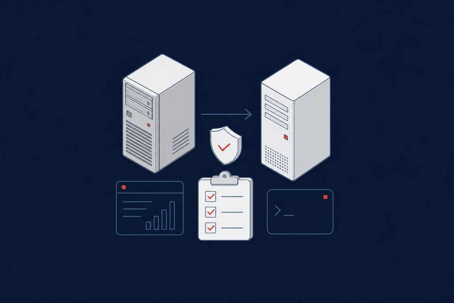 An older server connected by an arrow to a new server, with a shield and a checklist, representing a planned SQL Server 2016 upgrade