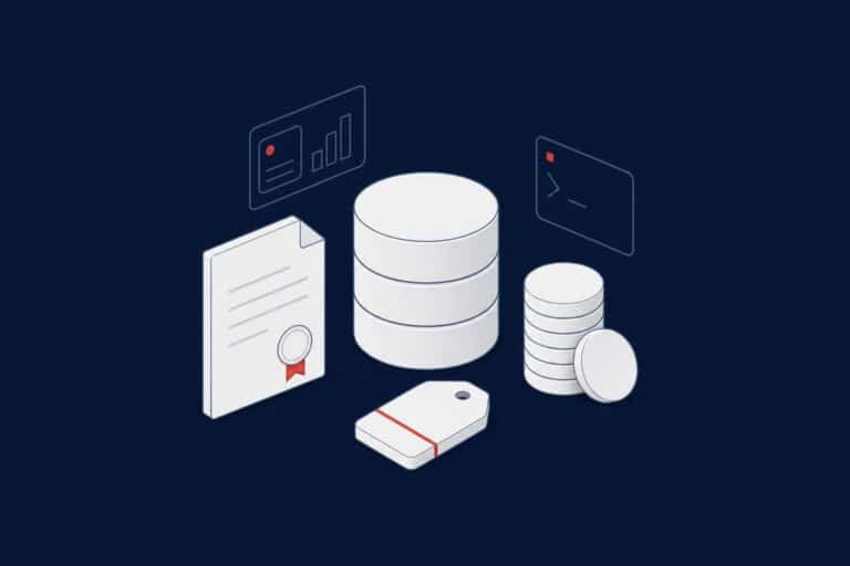 Database with a license document, a stack of coins and a price tag representing SQL Server licensing