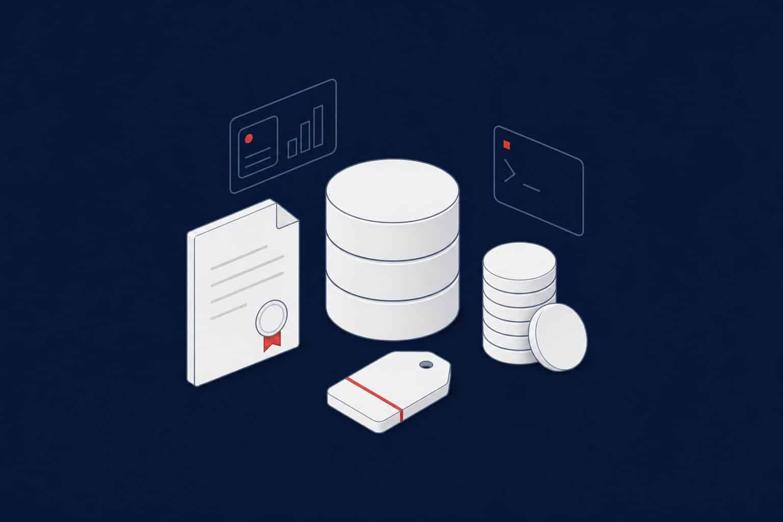 Database with a license document, a stack of coins and a price tag representing SQL Server licensing