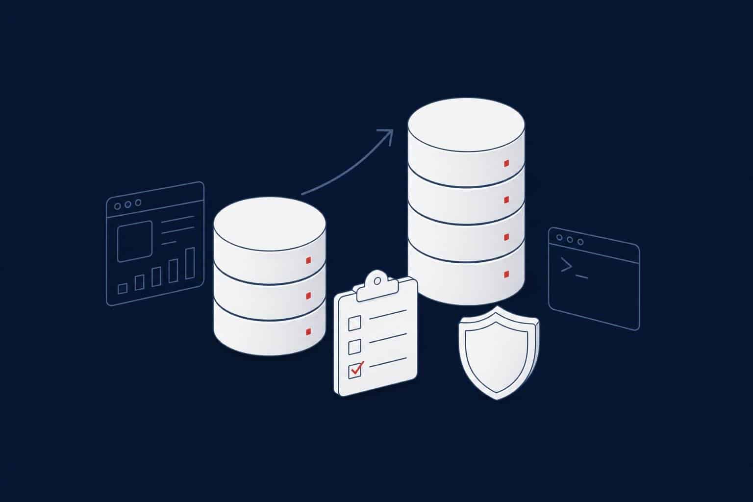 Older database migrating to a newer database with a checklist and a shield representing a SQL Server upgrade