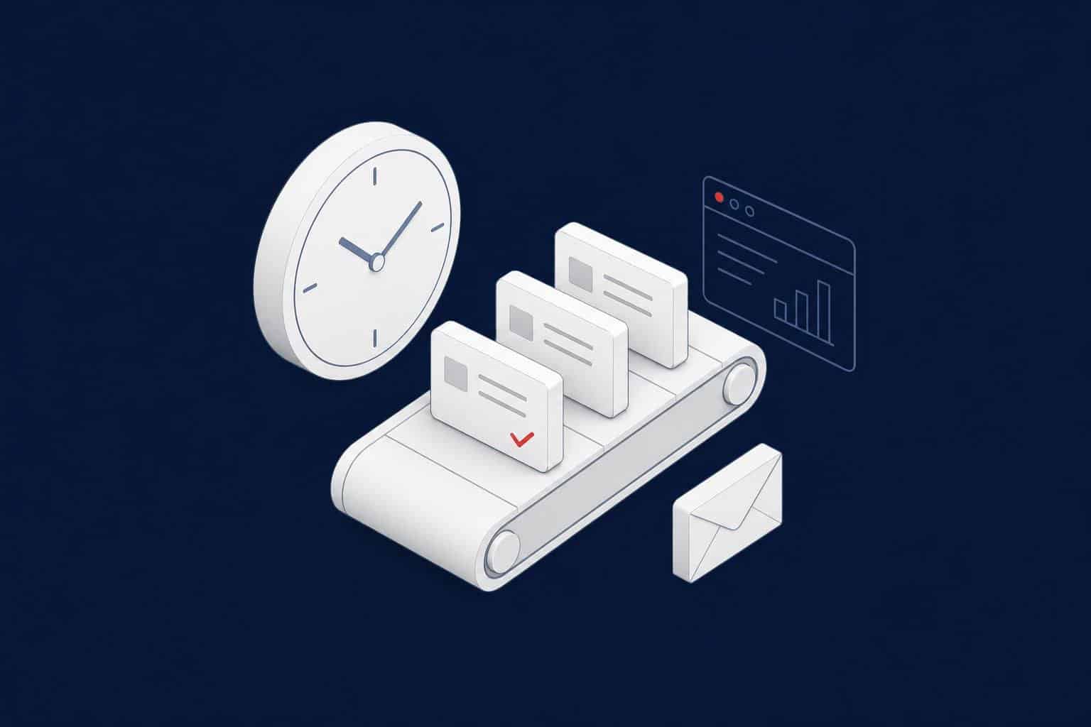 Clock, job cards and an envelope, representing SQL Server Agent job scheduling and notifications