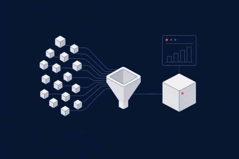 Many cubes flowing through a funnel into one block with a bar chart, representing SQL Server aggregate functions