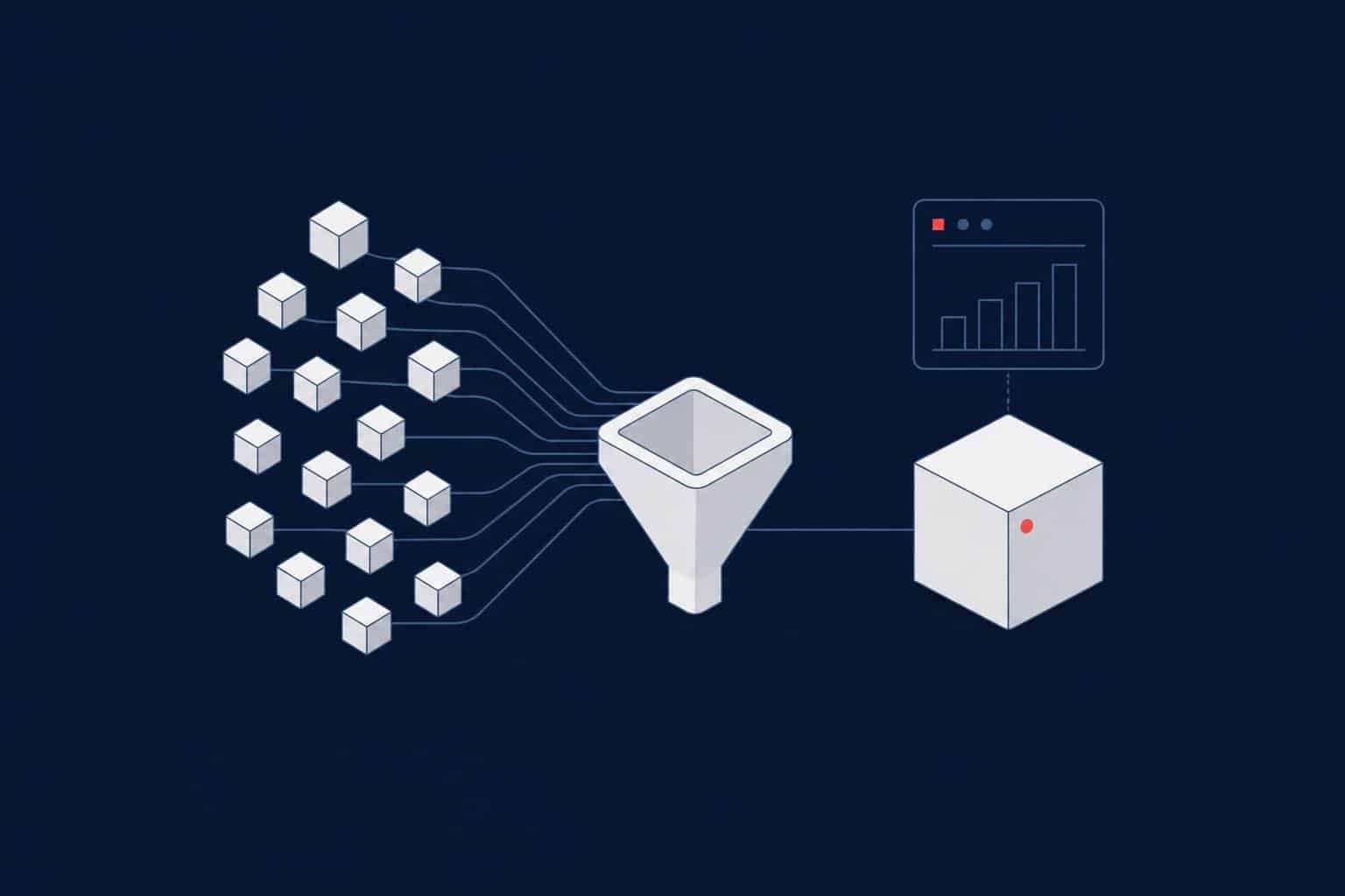 Many cubes flowing through a funnel into one block with a bar chart, representing SQL Server aggregate functions