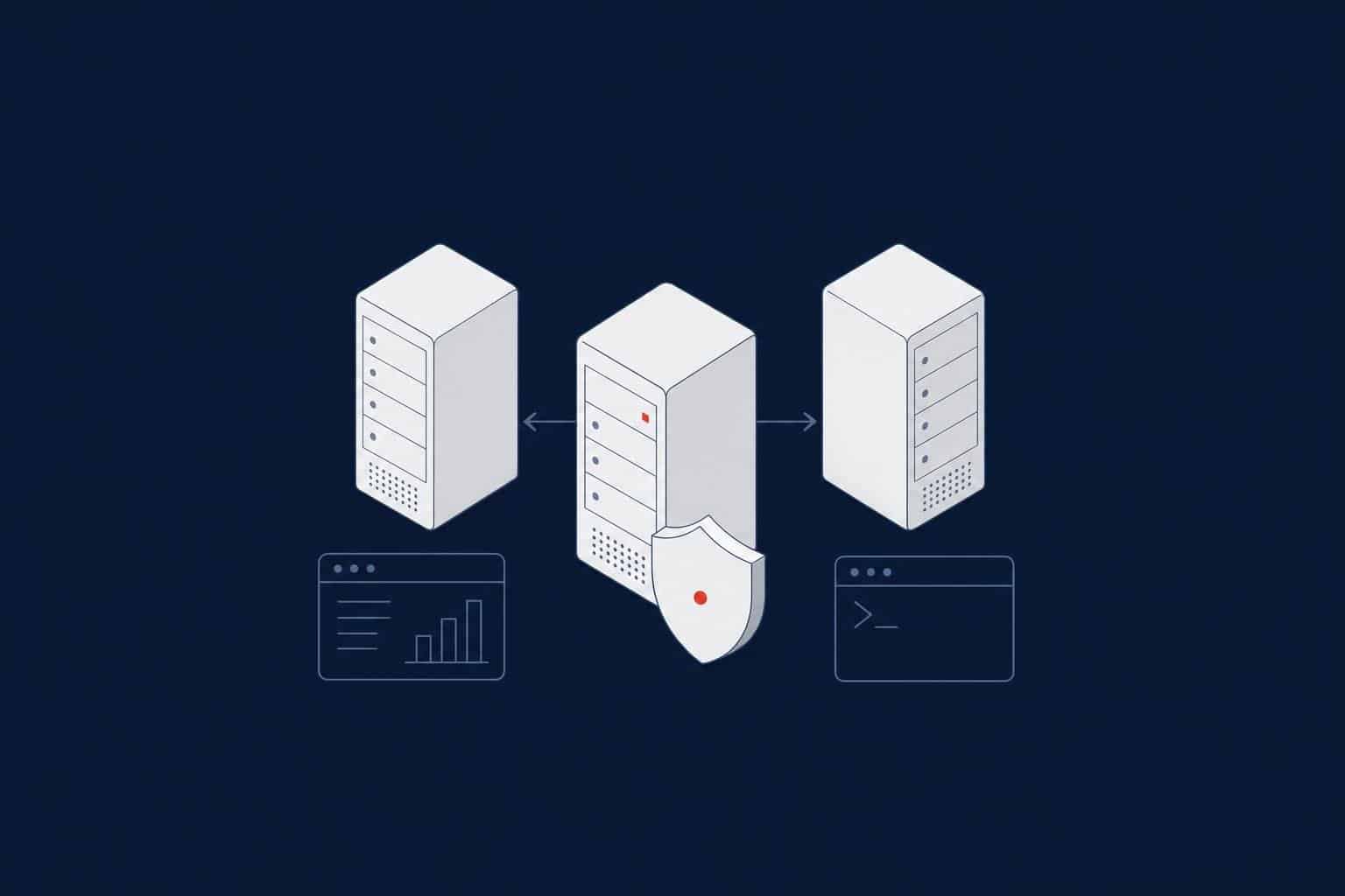 Primary server replicating to two secondary servers with a shield, representing SQL Server Always On availability groups