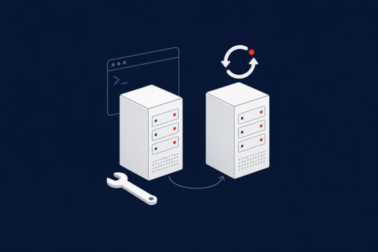 Two SQL Server nodes with a failover arrow, an update symbol and a wrench representing a rolling update