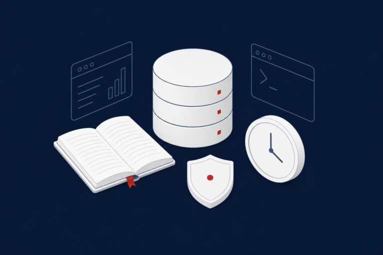 Database with an open audit logbook, a clock and a shield representing SQL Server Audit