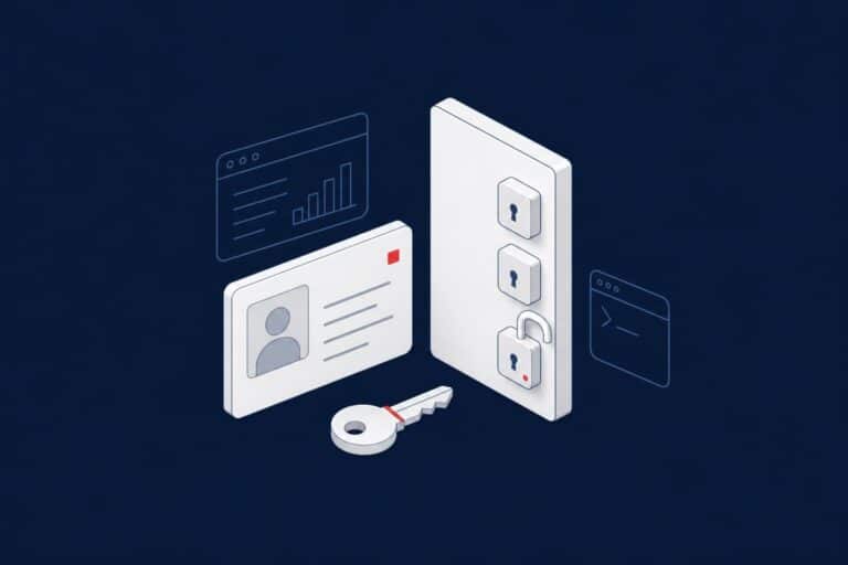 ID card, key and locks, representing SQL Server authentication and authorization