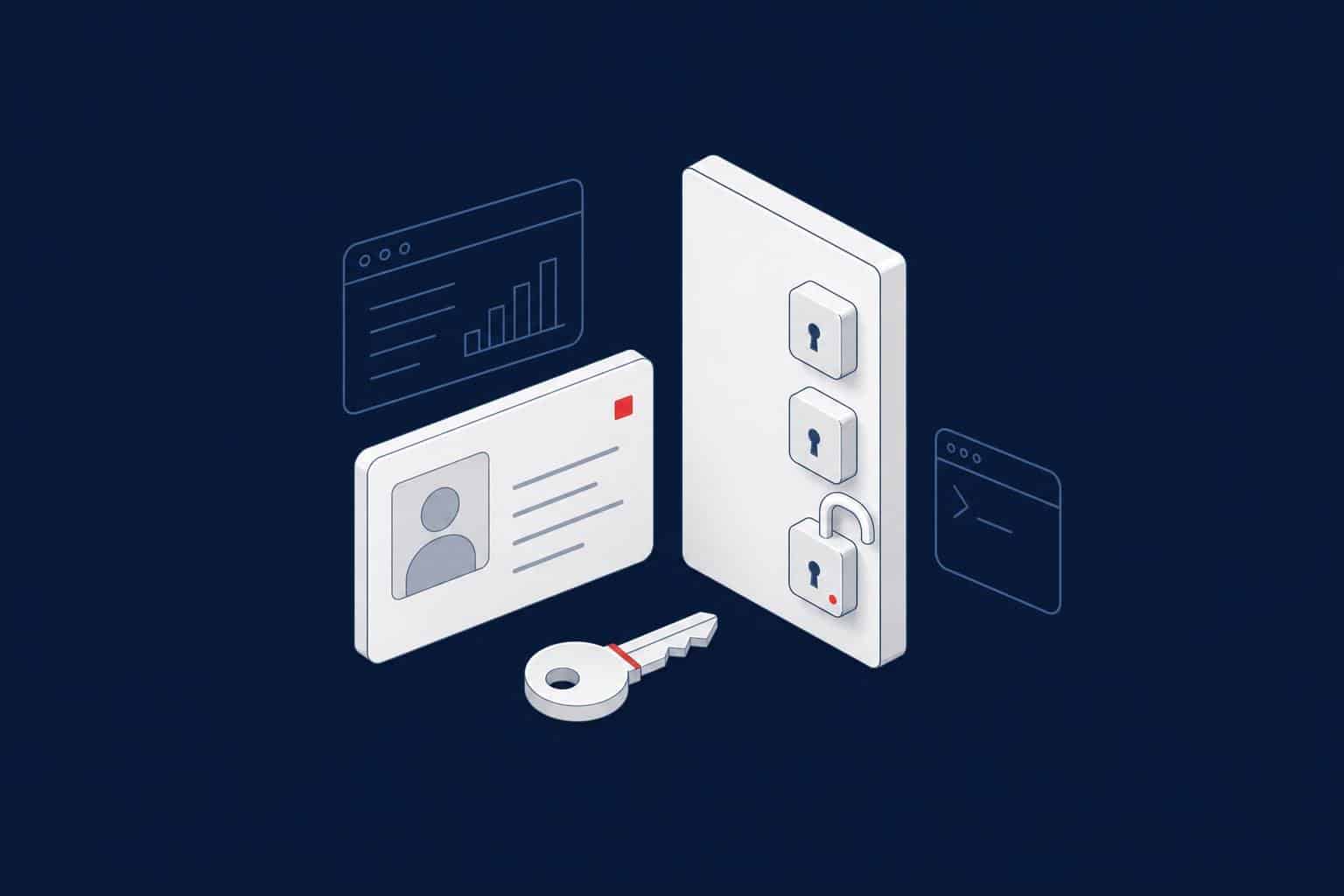 ID card, key and locks, representing SQL Server authentication and authorization