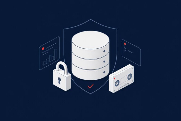 Database inside a shield with a padlock and backup tape, representing SQL Server backup safety