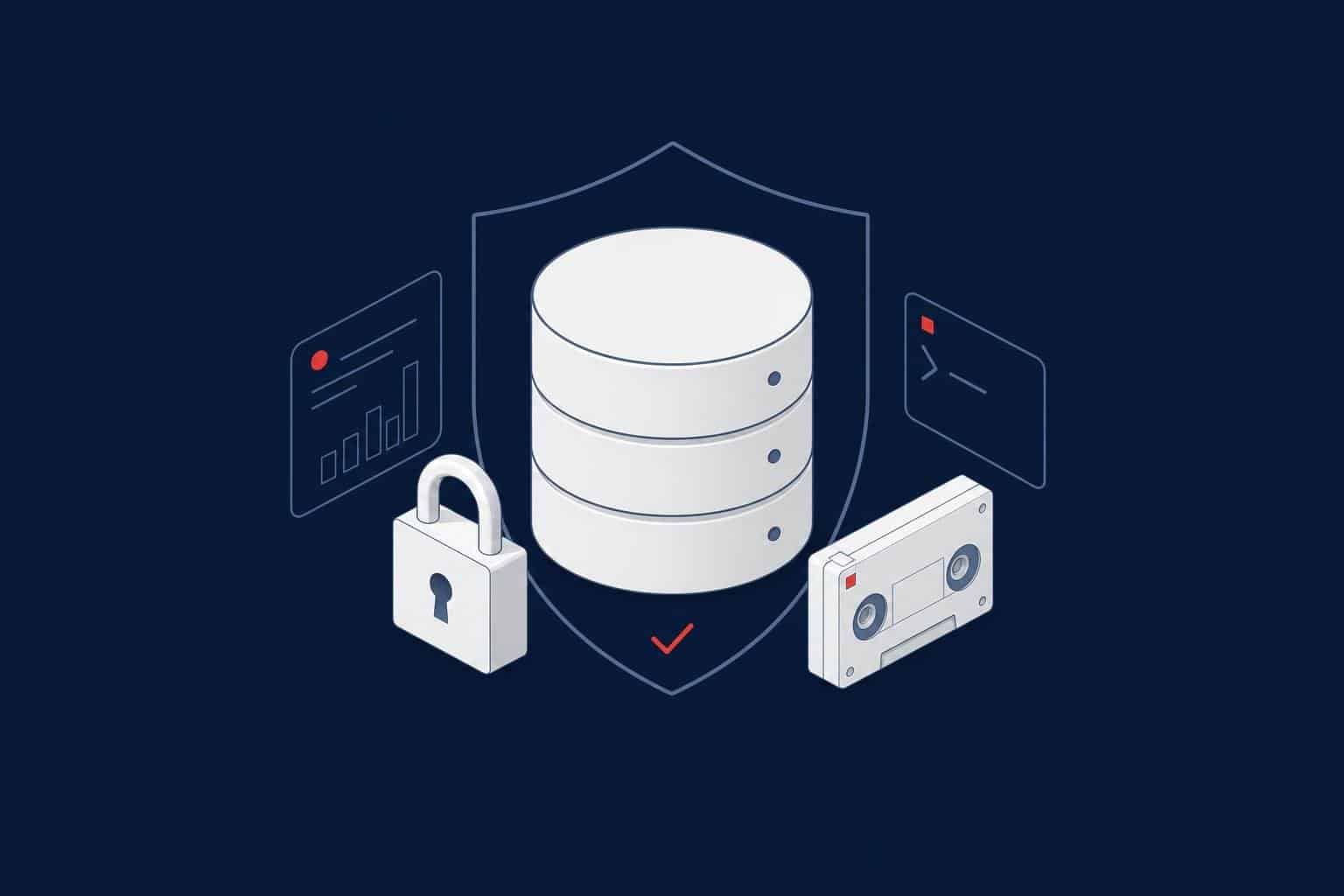 Database inside a shield with a padlock and backup tape, representing SQL Server backup safety