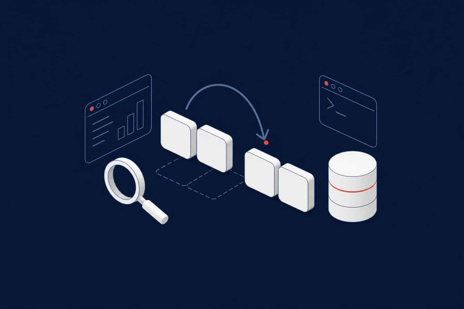 Blank tiles being reordered next to a database cylinder and a magnifier, representing SQL Server collation and sort order