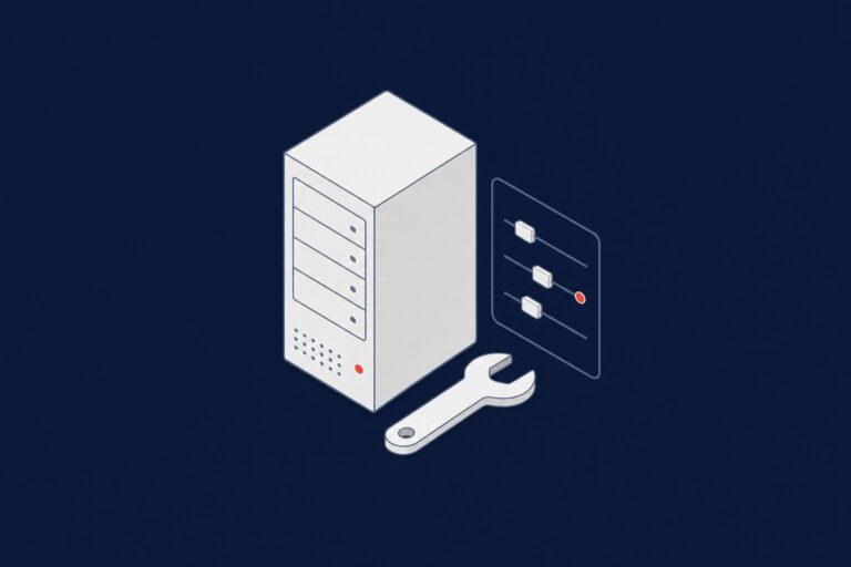 Server with a settings panel and a wrench, representing SQL Server configuration best practices