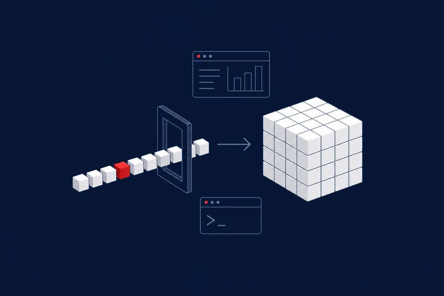 Cubes passing one by one through a gate next to the same cubes grouped into one block, representing row-by-row cursors versus set-based SQL