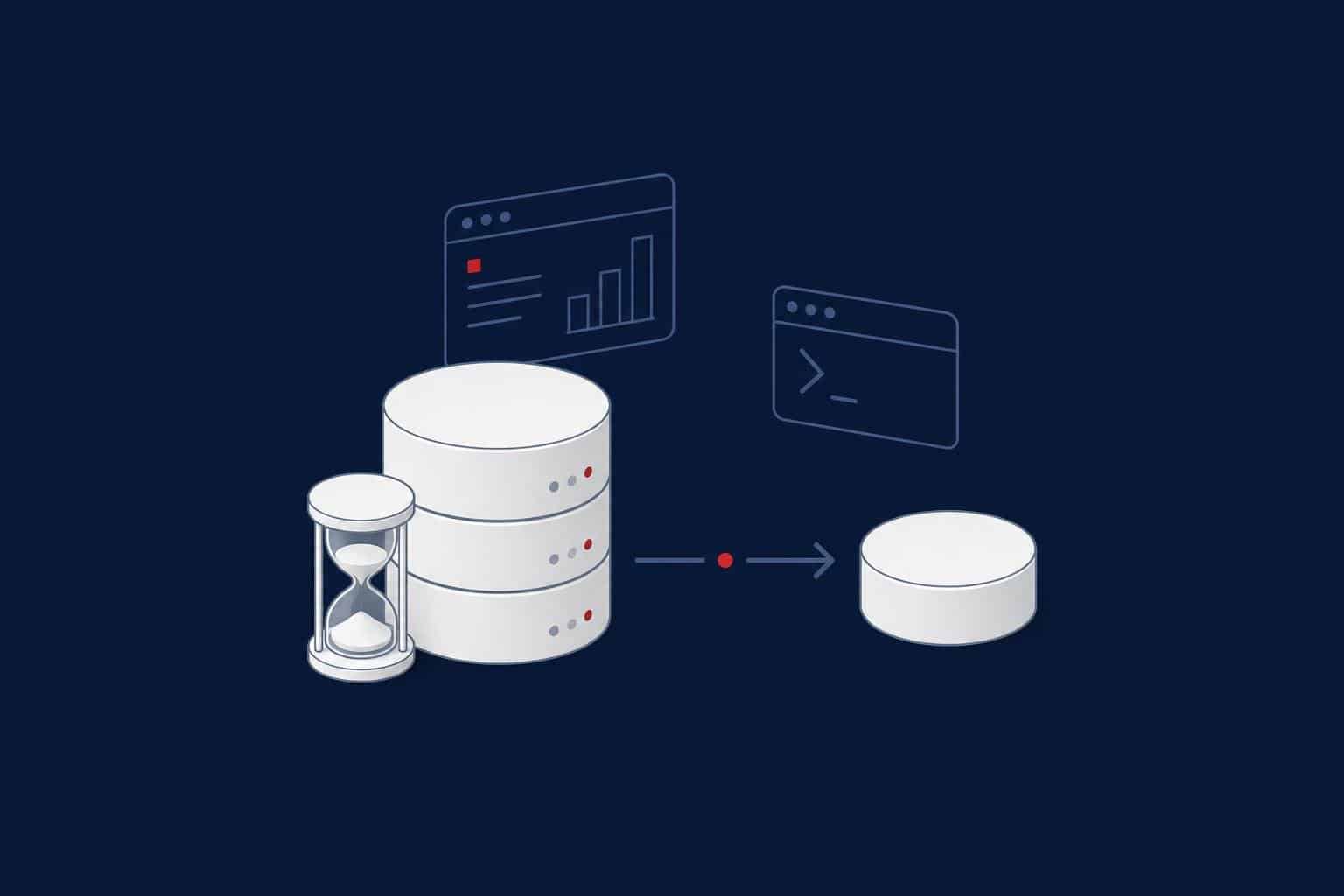Database, hourglass and a broken arrow to a disk, representing SQL Server delayed durability and log flush