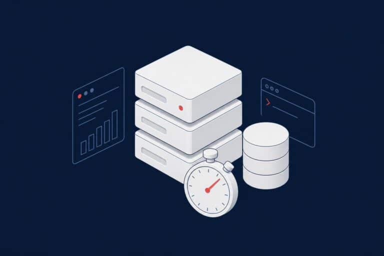 Stacked storage drives, a database cylinder and a stopwatch, representing SQL Server disk layout and storage latency