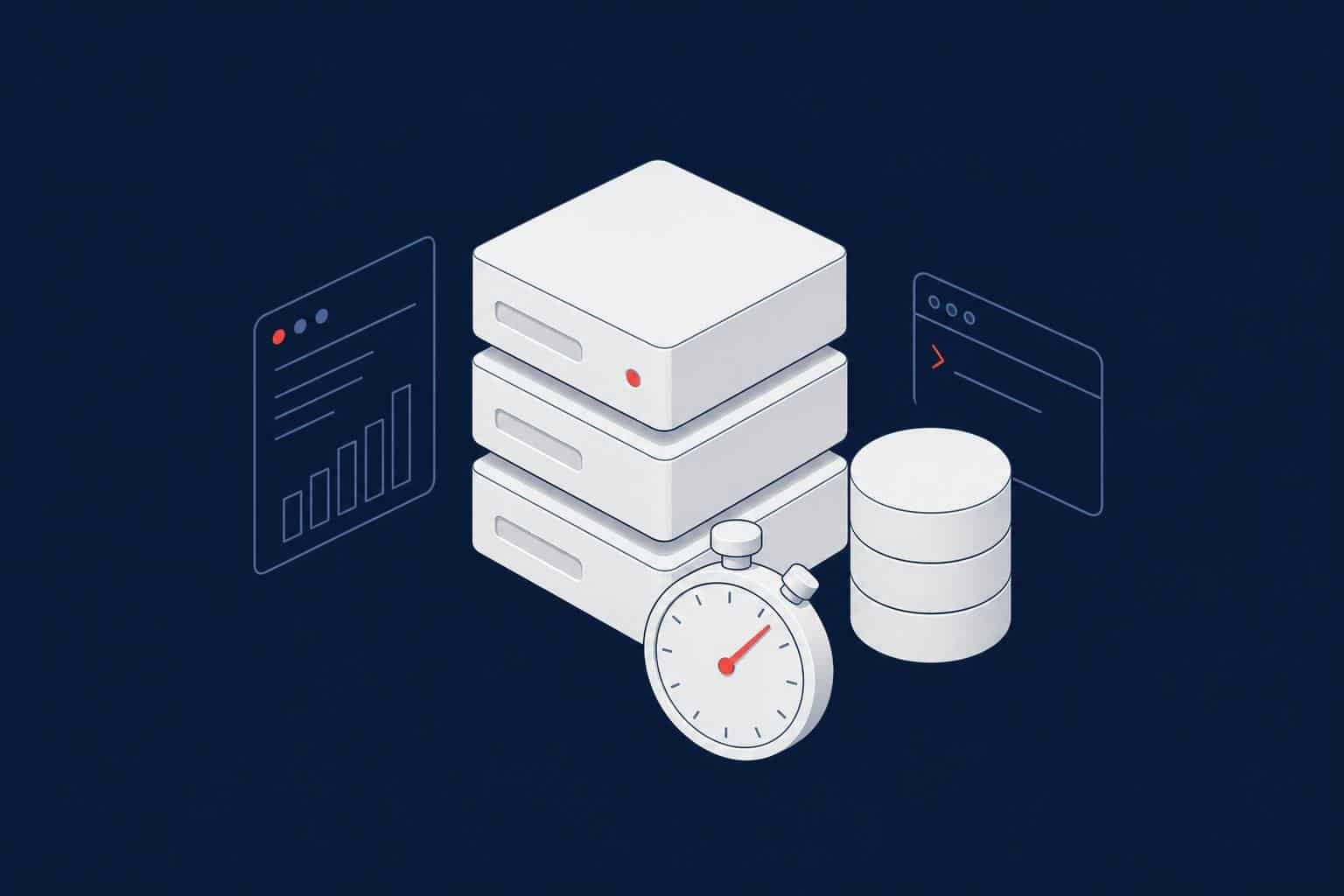 Stacked storage drives, a database cylinder and a stopwatch, representing SQL Server disk layout and storage latency