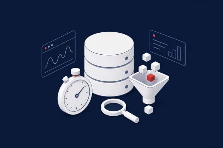 Database with a stopwatch, a filtering funnel and a magnifying glass representing SQL Server Extended Events