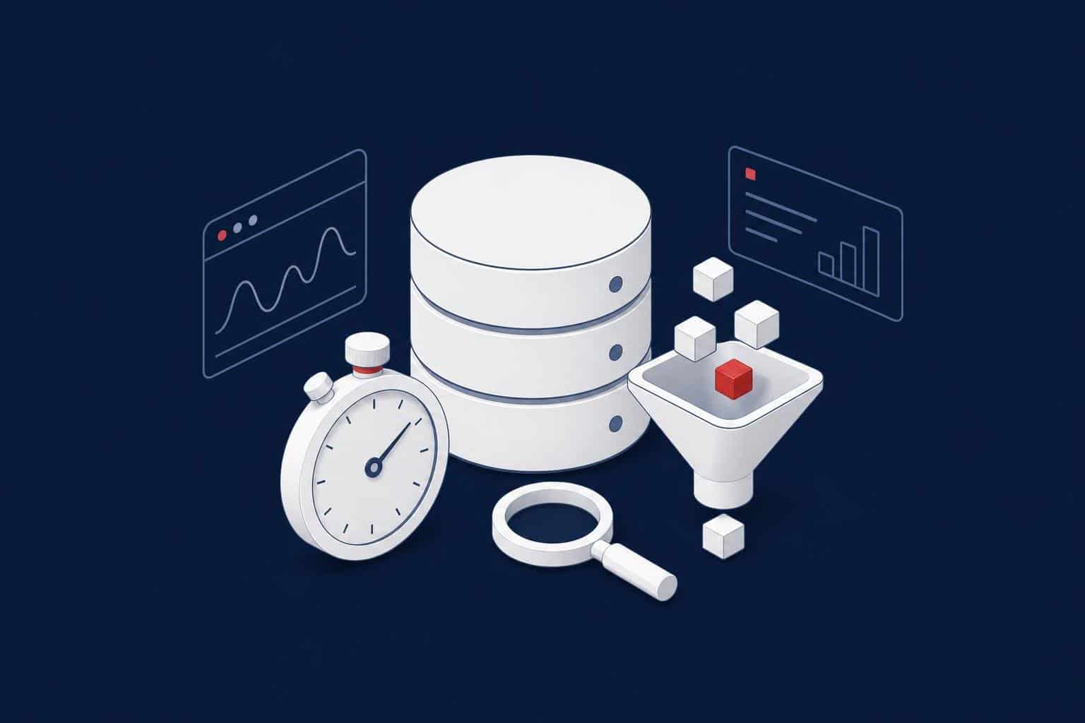 Database with a stopwatch, a filtering funnel and a magnifying glass representing SQL Server Extended Events