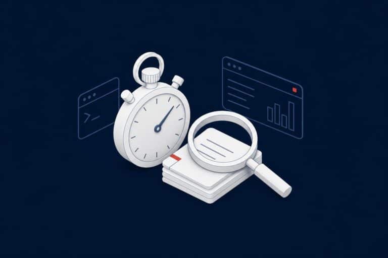 Stopwatch and magnifying glass over query cards, representing finding slow queries in SQL Server