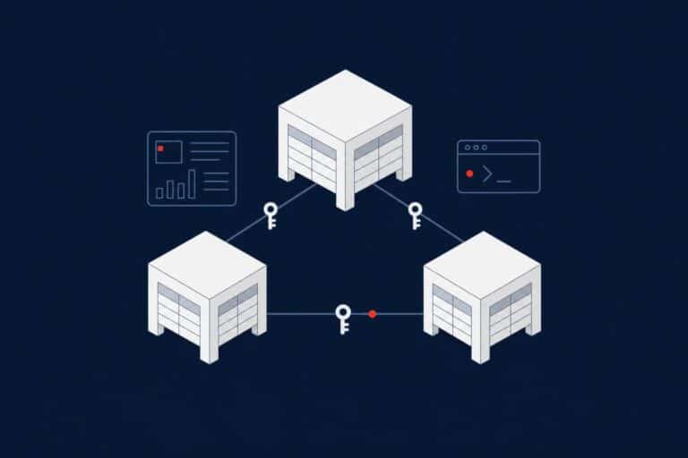 Three tables linked by key connections, representing SQL Server foreign key relationships