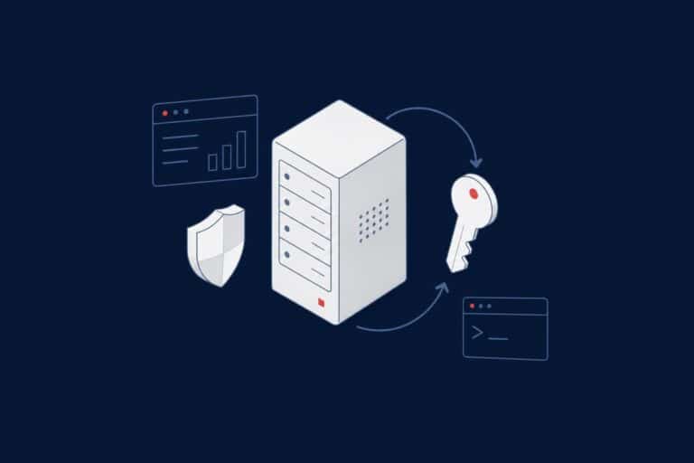 Server with a rotating key and a shield, representing a SQL Server group managed service account with automatic password rotation