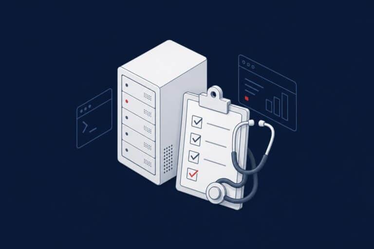 Server with a checklist clipboard and stethoscope, representing a SQL Server health check