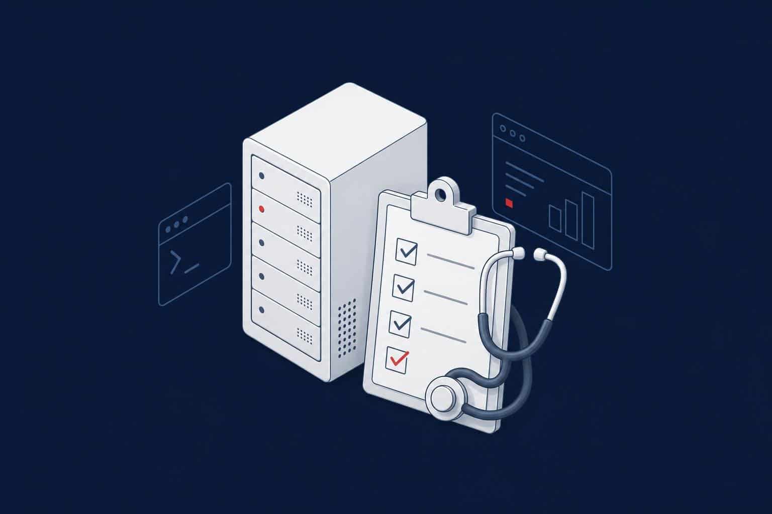 Server with a checklist clipboard and stethoscope, representing a SQL Server health check