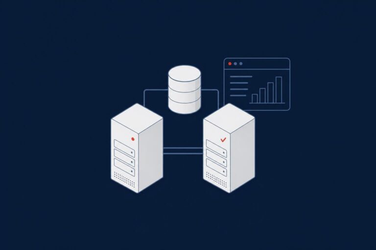 SQL Server high availability: two connected servers sharing a replicated database, with a monitoring dashboard