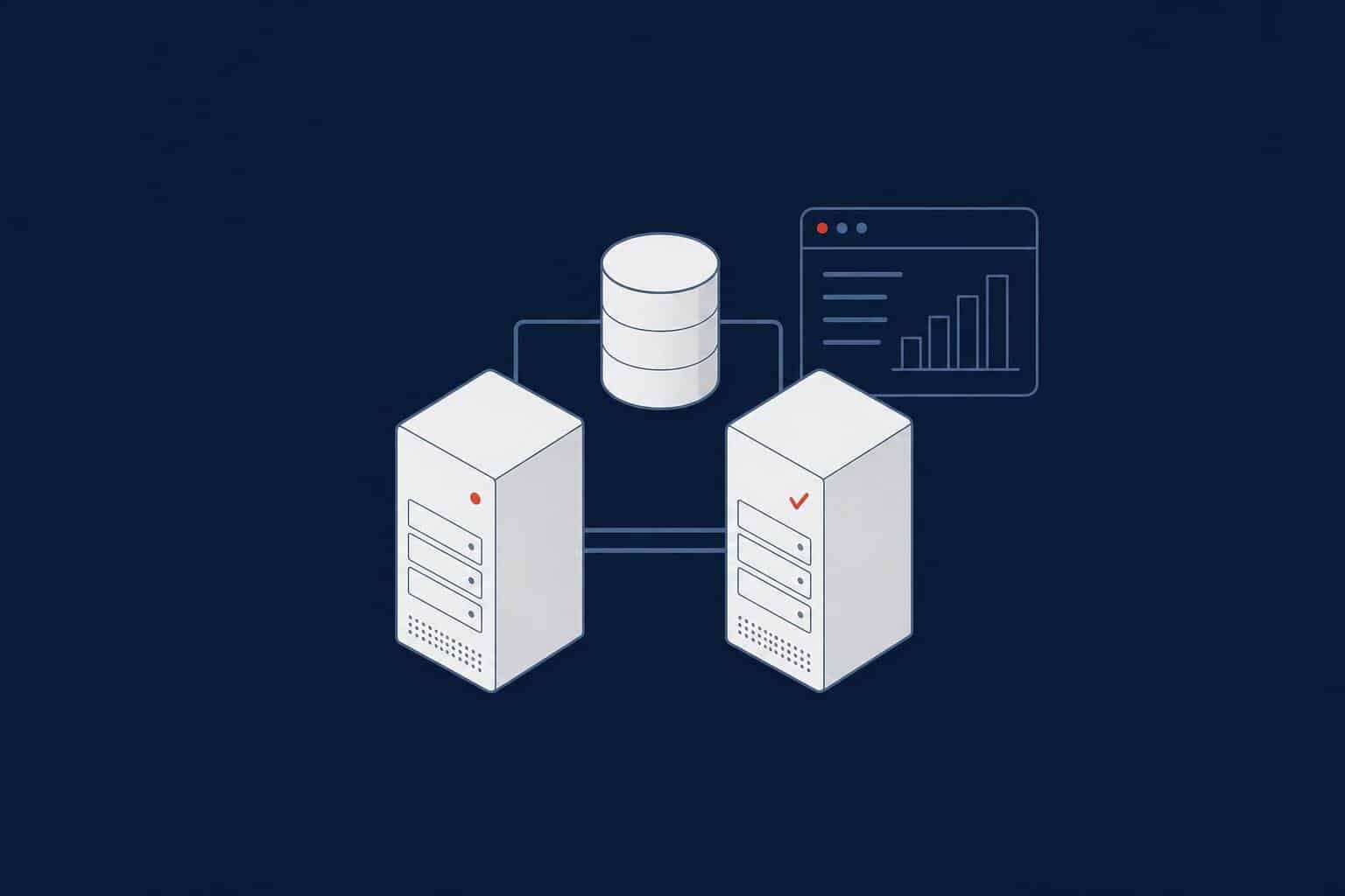 SQL Server high availability: two connected servers sharing a replicated database, with a monitoring dashboard