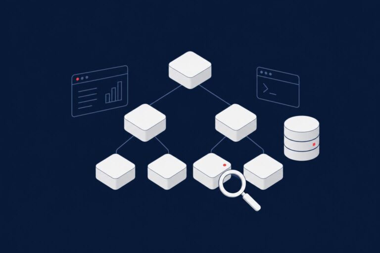 B-tree diagram with a magnifier over one leaf block next to a database, representing SQL Server index design