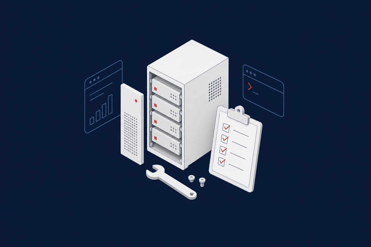 Server with a wrench and checklist, representing a SQL Server installation checklist