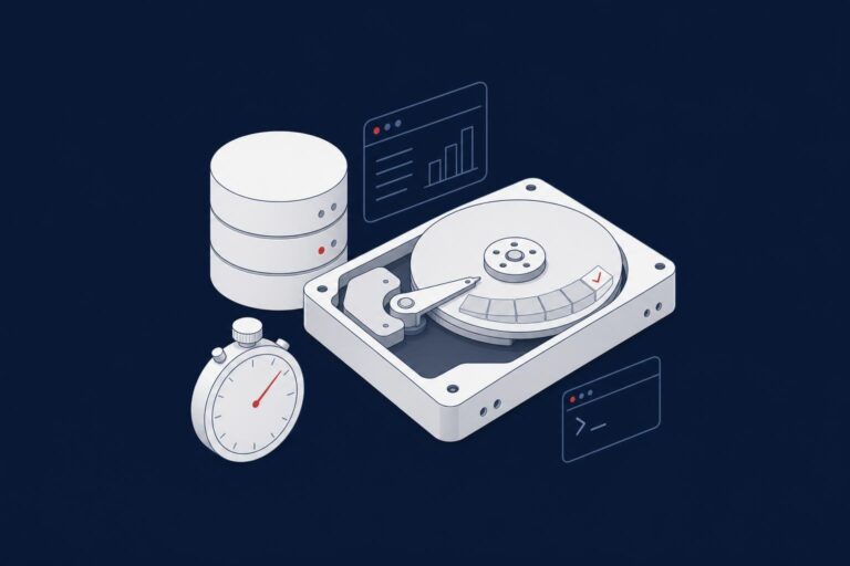Hard disk with data file blocks allocated at once next to a database and a stopwatch, representing SQL Server Instant File Initialization