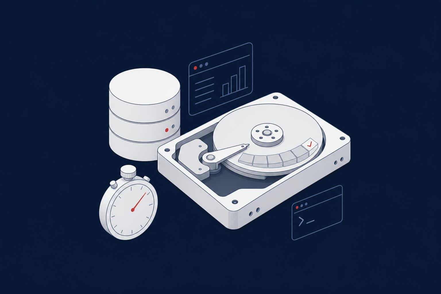 Hard disk with data file blocks allocated at once next to a database and a stopwatch, representing SQL Server Instant File Initialization