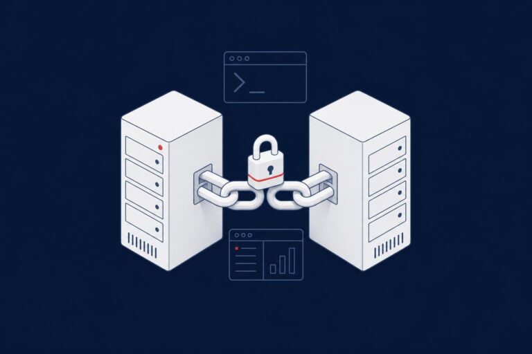 SQL Server linked server: two servers joined by a locked chain, representing a secure linked server connection