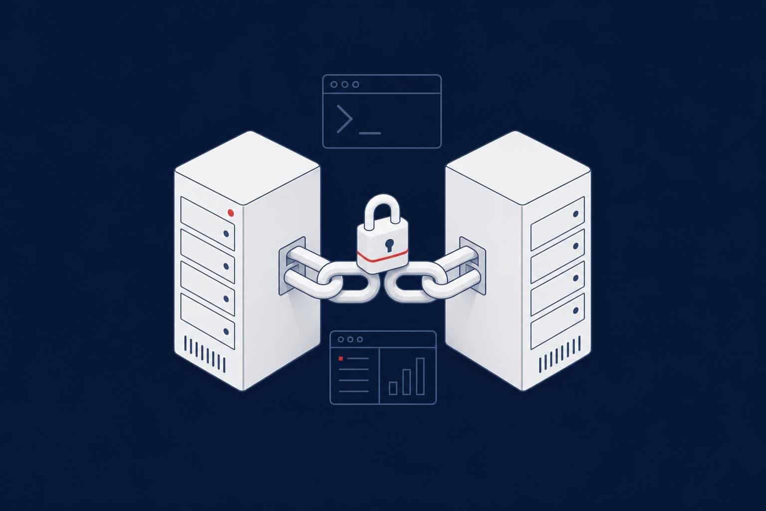 SQL Server linked server: two servers joined by a locked chain, representing a secure linked server connection