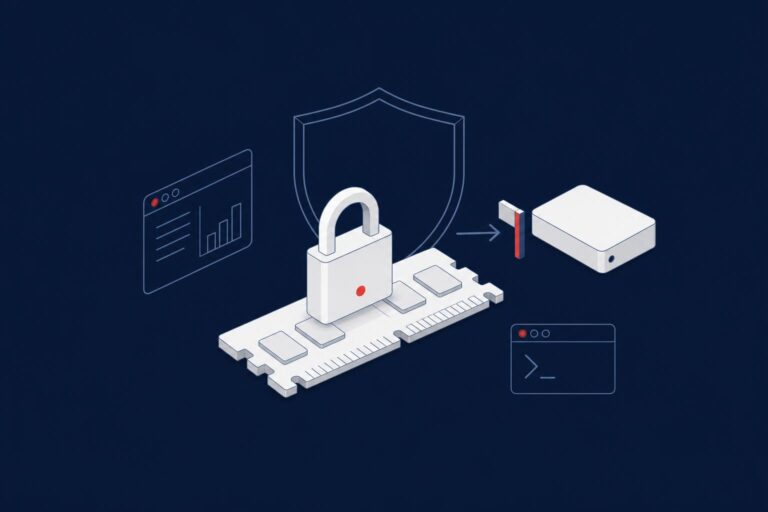 Padlock on a memory module with the path to disk blocked, representing Lock Pages in Memory for SQL Server