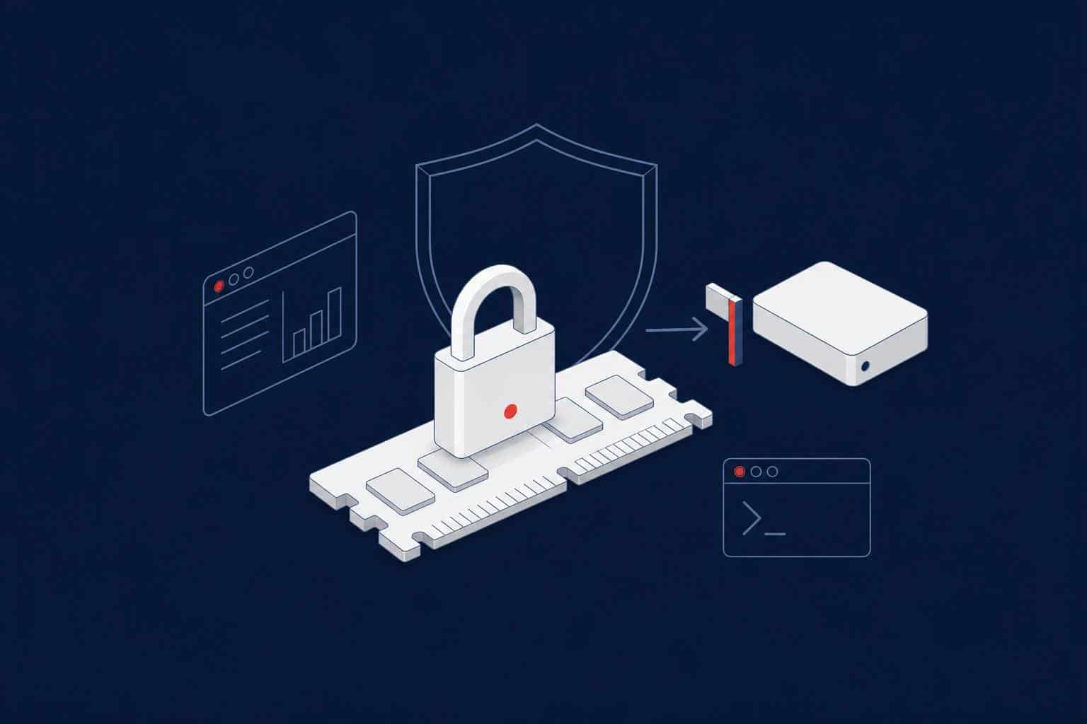 Padlock on a memory module with the path to disk blocked, representing Lock Pages in Memory for SQL Server