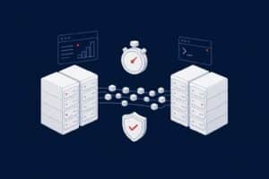 Two groups of servers linked by a stream of data blocks, with a stopwatch and a shield, representing a SQL Server migration with minimal downtime