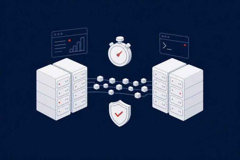 Two groups of servers linked by a stream of data blocks, with a stopwatch and a shield, representing a SQL Server migration with minimal downtime